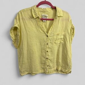 Rachel Zoe all linen yellow coastal button down preppy top large v neck